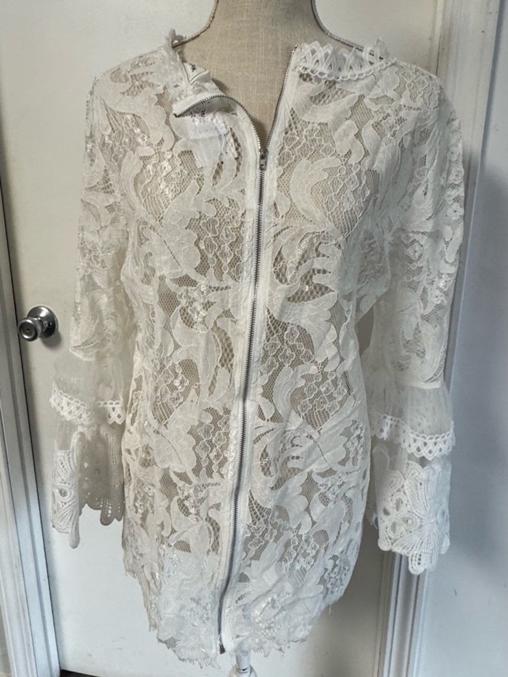 Women's White Lace Crochet Blouse with Tiered Bell Sleeves - Picture 4 of 11